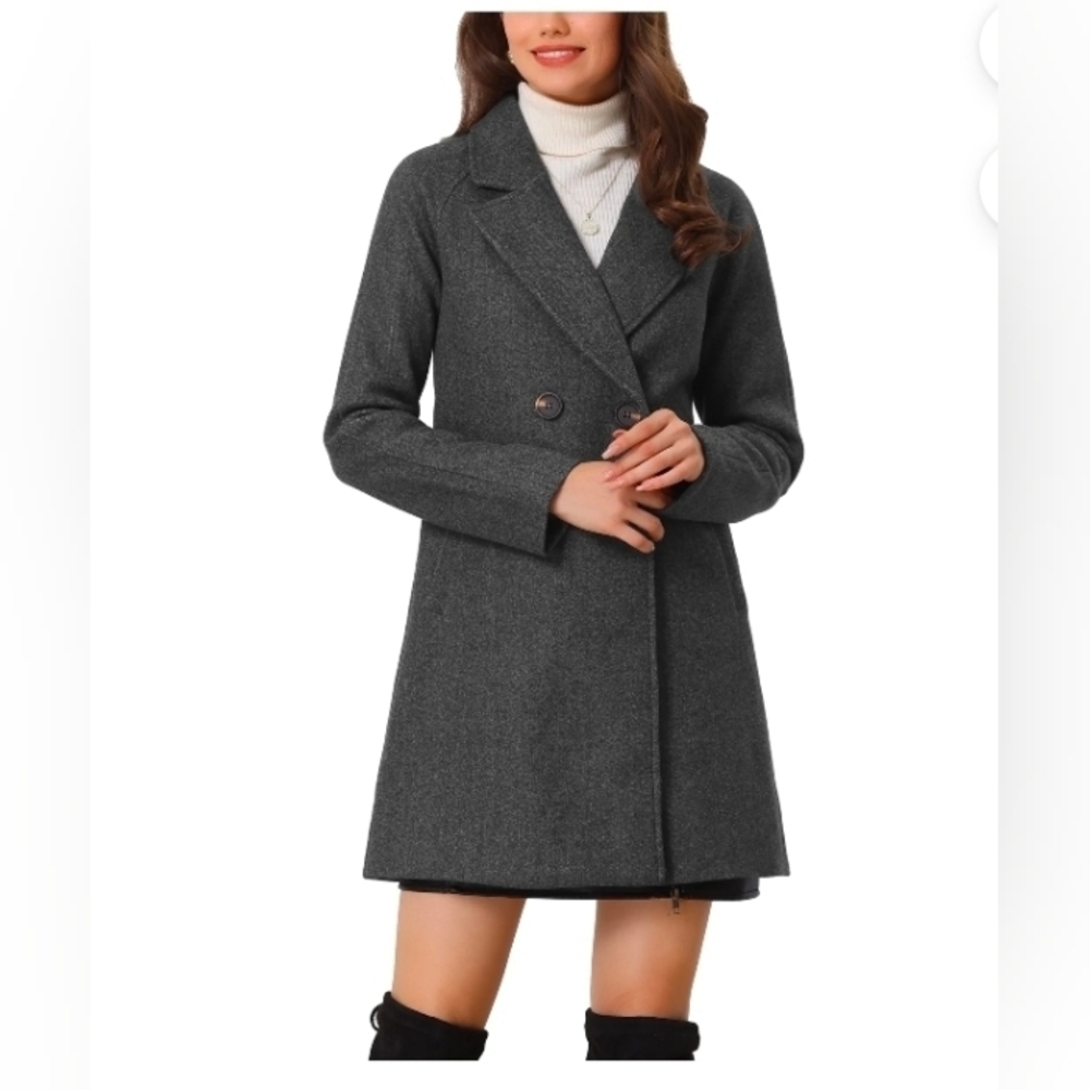 Allegra K Women's Double Breasted Lapel Raglan Long Sleeve Mid Length Overcoat